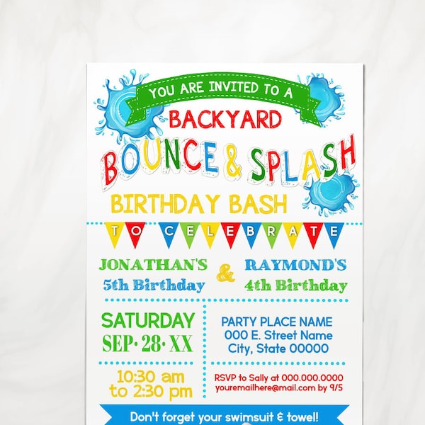 Bounce & Splash summer backyard bash invitation water bash combined siblings primary color birthday invite You edit with Corjl P155-210