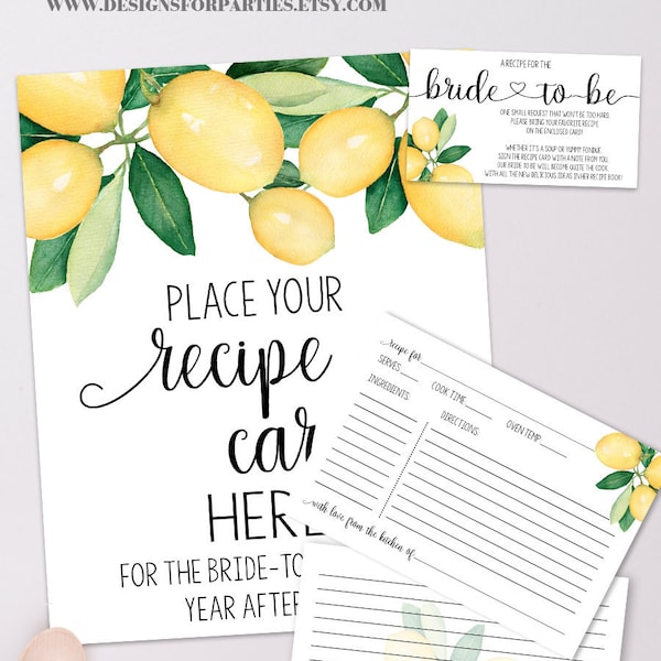 Recipe Card for the Bride, Bring a Recipe bridal shower editable lemon citrus lemons theme wedding shower you edit with Corjl 38-GW114