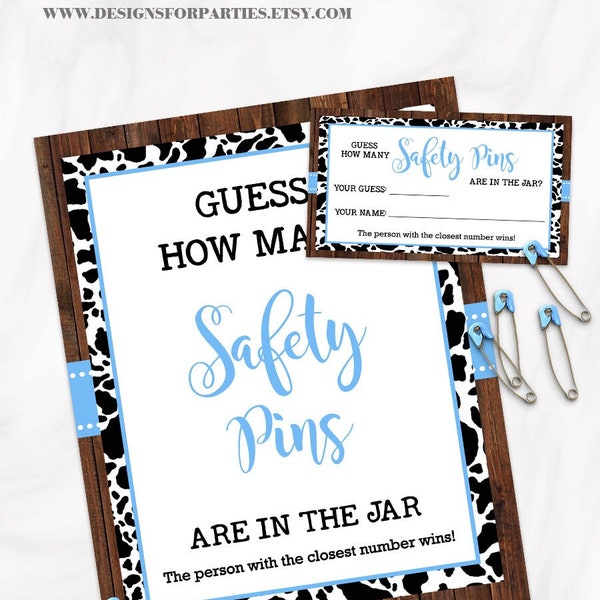 Blue Cowboy Guess How Many Safety Pins Baby Shower Game, Country Western Chic Cow Blue Baby Shower Game Ready to Print No Editable 24-GB154B