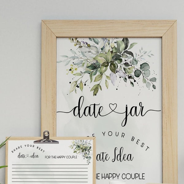 Date jar game share a date idea bridal shower activity greenery eucalyptus watercolor wedding shower Ready to Print No Editable 03-GW110