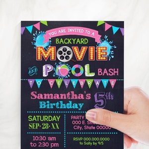 Backyard Movie and Pool Summer Bash invitation pink purple girl Birthday Summer movie chalkboard invite you edit with Corjl P147-211