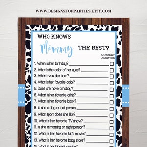 Cowboy Who Knows Mommy Best Baby Shower Game, Do You Know Mom Country Western Chic Cow Blue Shower Game Ready to Print No Editable 15-GB154B