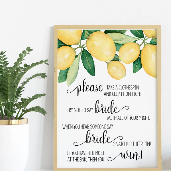 Clothespin game bridal shower don't say bride or wedding citrus lemons theme wedding shower Ready to Print No Editable template 53-GW114