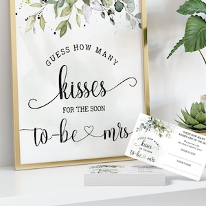 How many kisses for the soon to be Mrs, bridal shower game, guess how many kisses, greenery eucalyptus Ready to Print No Editable 27-GW110