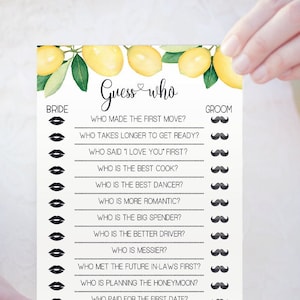 Guess who game bridal shower activity game lemon citrus lemons theme wedding shower couples shower games Ready to Print No Editable 06-GW114