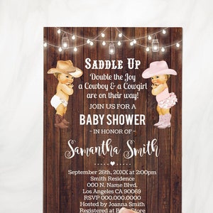 Twins Little Cowboy & Cowgirl are on the way Baby Shower Mom to be Shower Country Rustic Western chic invite You edit with Corjl B83-156
