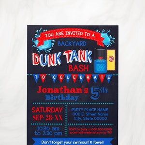 Dunk Tank water summer birthday bash invitation Summer water party red white and blue chalkboard invite self editable with Corjl P141-214