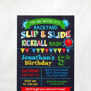 Slip & Slide Kickball Birthday Backyard Bash Invitation: Chalkboard Primary Colors  (Edit with Corjl) P146-210
