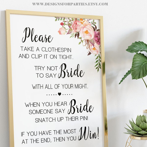 Clothespin game bridal shower don't say Bride Country Pink Flowers Boho Chic wedding shower Ready to Print No Editable template 53-GW103