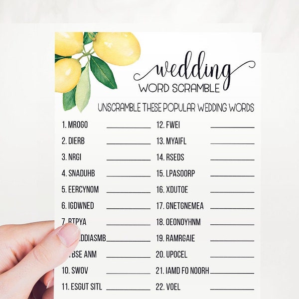 Wedding word scramble game bridal shower activity game lemon citrus lemons theme wedding shower games Ready to Print No Editable 14-GW114