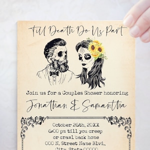 Invitación para despedida de soltera con calaveras y girasoles, hasta que la muerte nos separe. Edita con Corjl W44-104-475