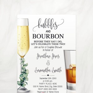 Eucalyptus Greenery watercolor Bubbles and Bourbon before they say I do couples shower invitation self editable invite with Corjl W46-113