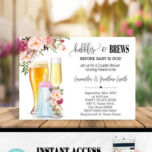 Pink Floral Bubbles & Brews Baby Coed Shower Invitation (Edit with Corjl) B91-103