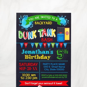 Invitación a fiesta de cumpleaños de verano Dunk Tank con colores primarios para niños, pizarra, fiesta de agua de verano, autoeditable con Corjl P141-210