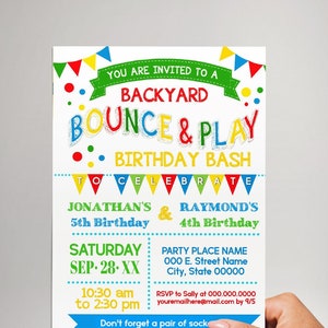 Bounce & Play Backyard Birthday Bash invitation Combined Siblings Twins Primary Color Birthday invite You edit with Corjl P172-210