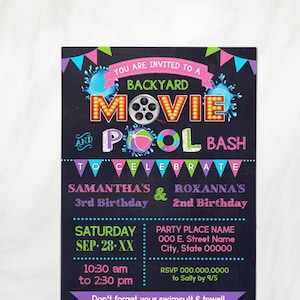 Backyard Movie and Pool Summer Bash invitation pink purple girl Birthday Summer movie combined siblings invite you edit with Corjl P1472-211