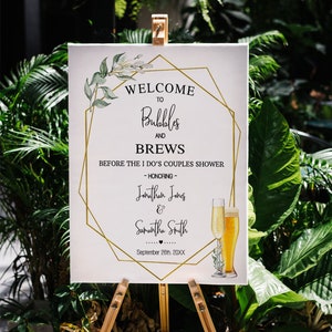 Placa de boas-vindas Bubbles and Brews antes de dizerem sim chuveiro de casal Eucalipto dourado folhagem geométrica 16x20 você edita com Corjl SGW-14-107