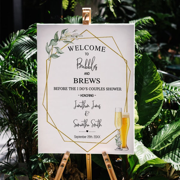 Welcome sign Bubbles and Brews before they say I do couples shower Eucalyptus gold geometric greenery 16x20 you edit with Corjl SGW-14-107