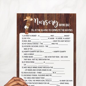 Cowboy Nursery Rhymes Baby Shower Game Complete The Rhyme African American Boy Western Activity Ready to Print No Editable Game 19-GB0561