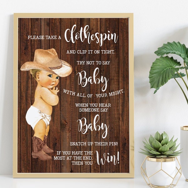 Cowboy Don't Say Baby Game Clothespin Baby Shower Boy Rustic Country Western Chic Shower Activity Ready to Print No Editable 28-GB056