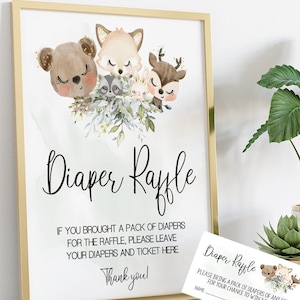 Forest animals diaper raffle tickets & sign baby shower bring a pack of diapers greenery woodland animals Ready to Print No Editable 38-GB66