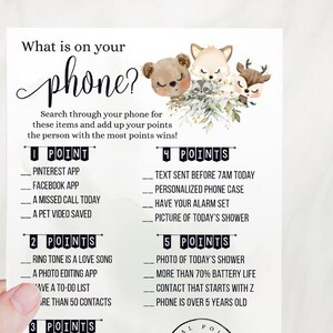 Woodland Forest Animals Baby Shower Game: What&#39;s On Your Phone (Ready to Print) 08-GB66