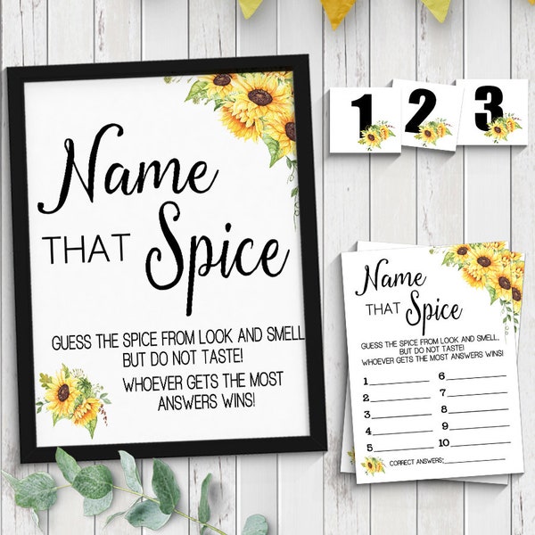 Guess the spice game bridal shower activity name the spice sunflower flowers boho chic wedding shower Ready to Print No Editable 30-GW104
