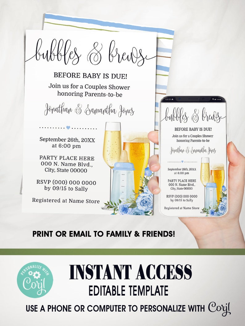 Blue Flowers Bubbles and Brews Before Baby is Due Couples Baby Etsy