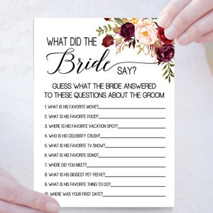 What Did the Bride Say, Bridal Shower Game, Marsala Boho Chic, Country ...