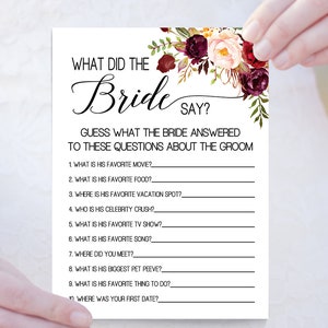 What did the Bride say, bridal shower game, marsala boho chic, country chic wedding shower games Ready to Print No Editable 26-GW108
