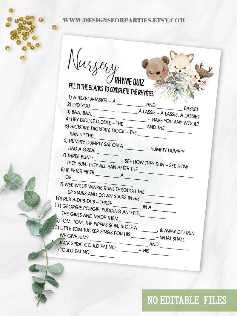 Forest Animals Nursery Rhymes Baby Shower Game Complete the Etsy