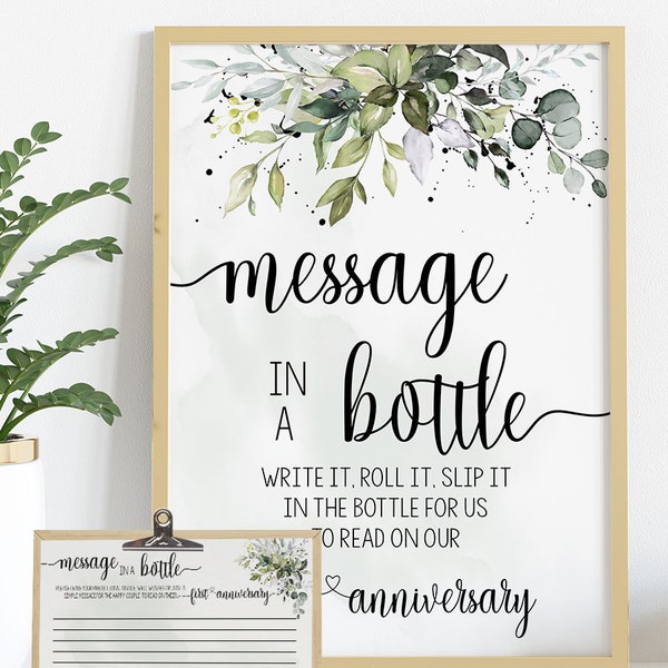 Message in a bottle bridal shower activity leave a note for couple greenery eucalyptus wedding shower Ready to Print No Editable 52-GW110