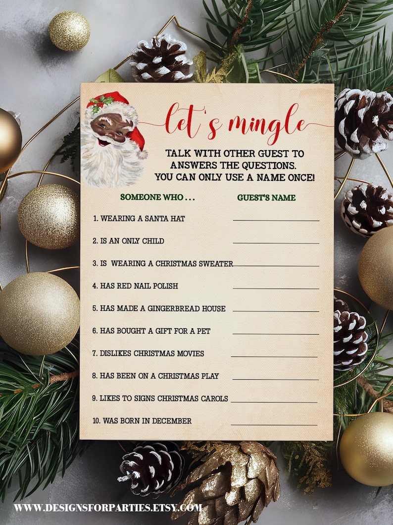 Christmas Let's Mingle Game Find the Guest Xmas Game AA Santa Family