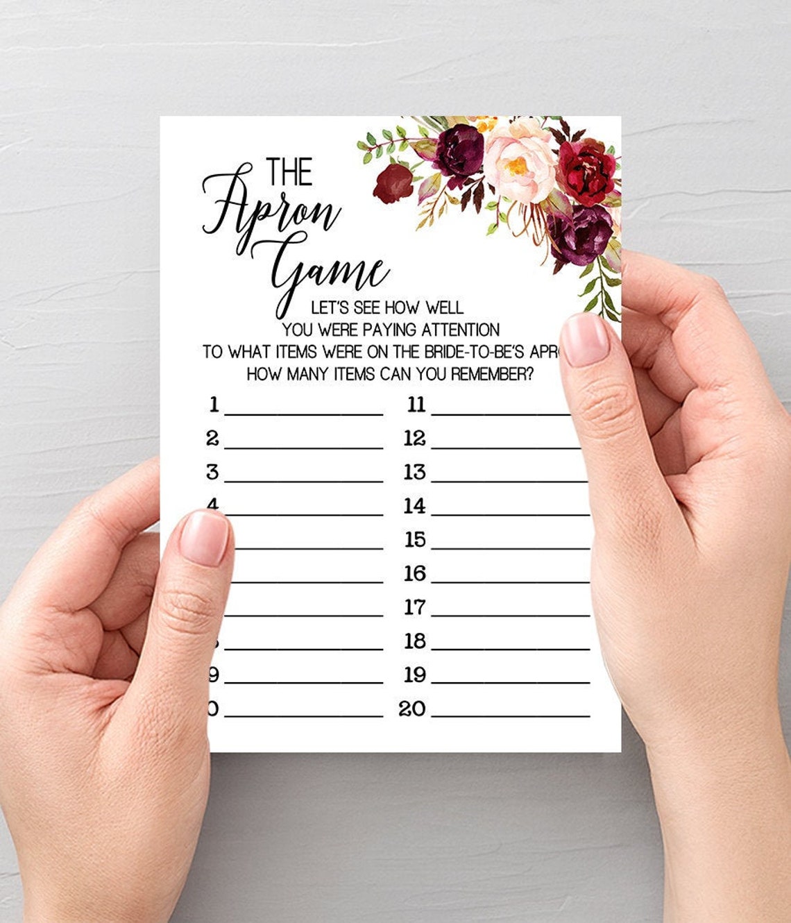 The Apron Game Bridal Shower Memory Game Marsala Boho Chic Etsy