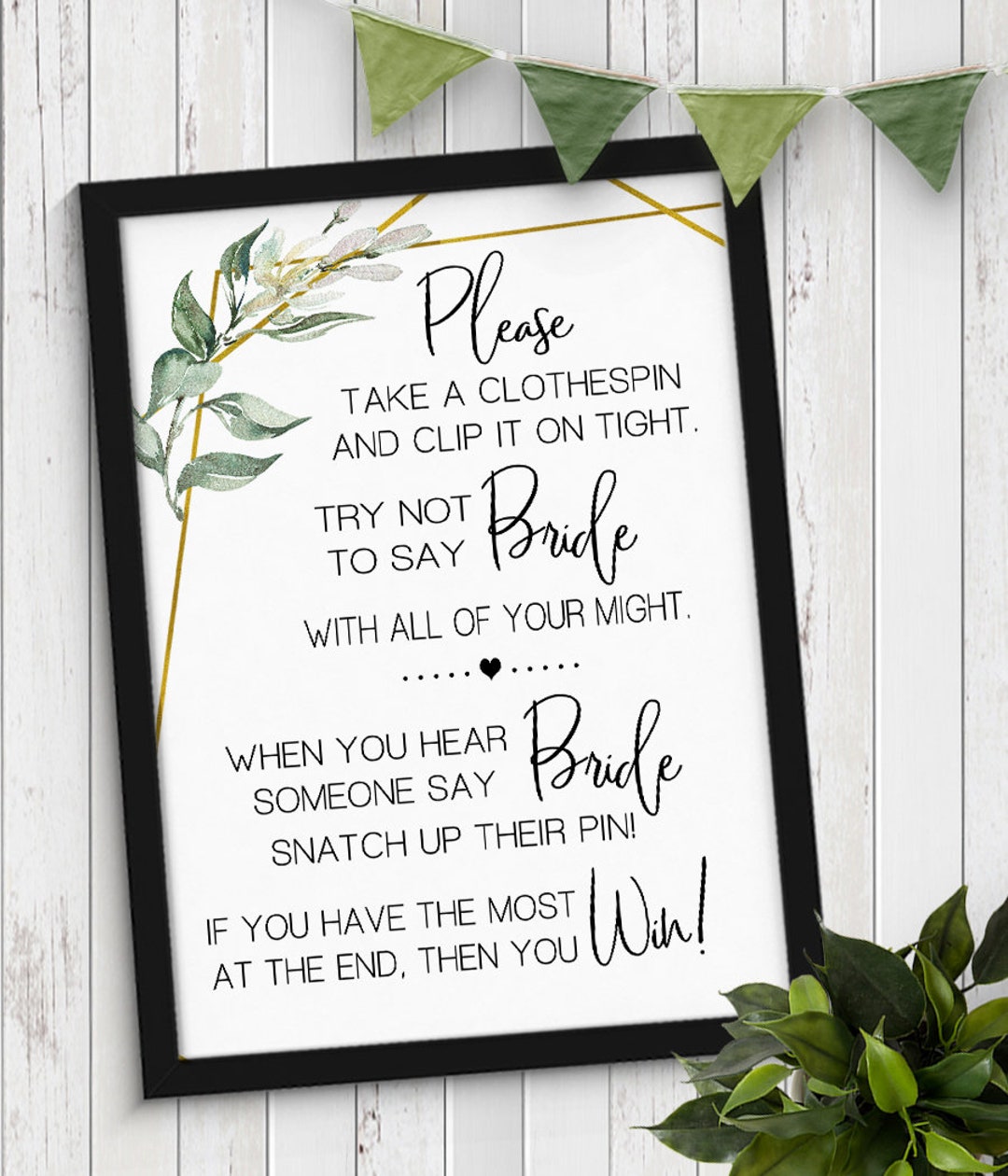 Clothespin Game Bridal Shower Don't Say Bride or Wedding Greenery Gold Geometric Wedding Shower