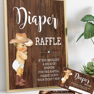 Cowboyluier loterijticket en bord babyshower Breng een pakje luiers mee Boy rustiek country-western chic Klaar om af te drukken Niet bewerkbaar 38-GB056