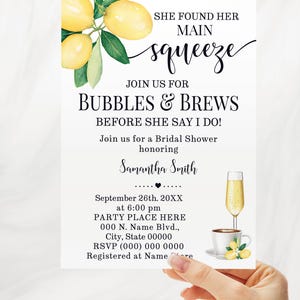 Elle a trouvé sa carte principale Squeeze Bubbles & Brews before I do Coffee Faire-part de douche nuptiale que vous modifiez avec Corjl Instant Download Invitation W60-114