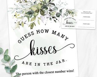 Guess how many kisses game bridal shower editable template greenery eucalyptus wedding shower games edit yourself with Corjl 09-GW110