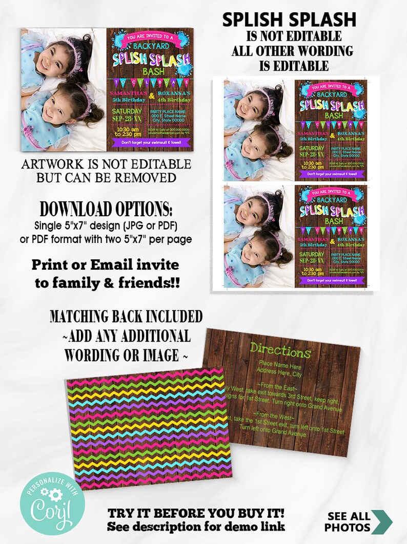 Splish Splash Backyard Siblings Birthday Photo Invitation: Hot Pink ...