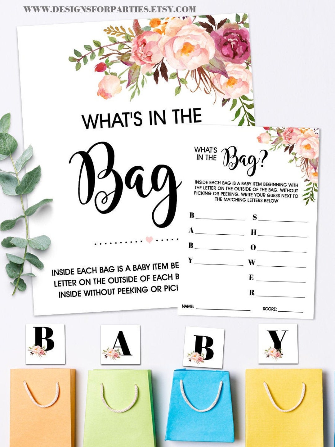 What is in the Bag Game Guess Whats in the Bag Baby Shower Pink Flowers