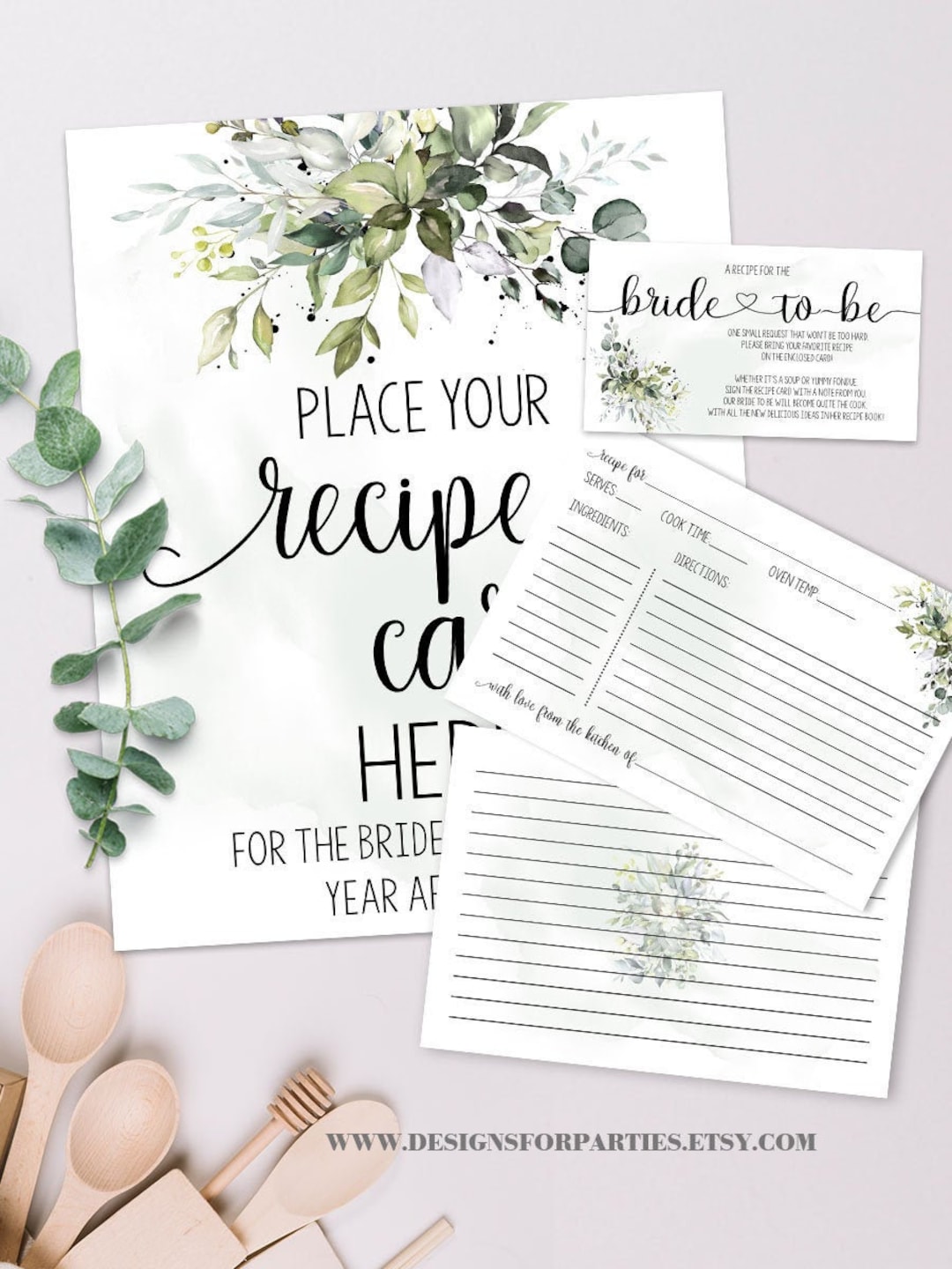 Eucalyptus Greenery Bridal Shower Recipe Card \u0026 Sign Template (edit With  Corjl) 38-GW110 - Etsy Israel, image size:1080x1440