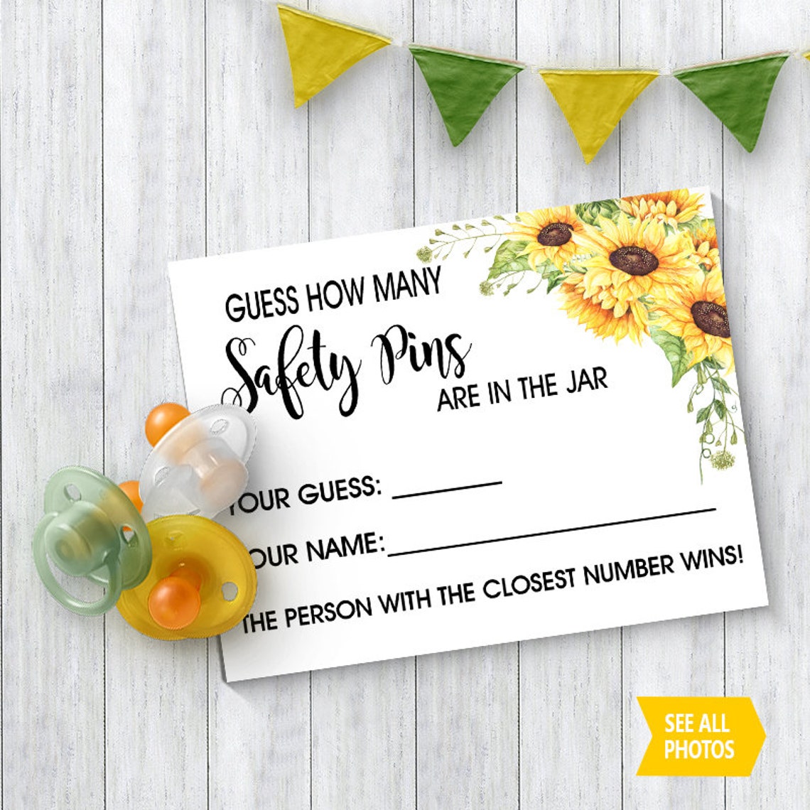 How Many Safety Pins Game Baby Shower Game Sunflowers Country Etsy