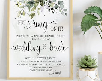 Put a ring on it bridal shower game, don&#39;t say bride or wedding game, greenery eucalyptus couples shower Ready to Print No Editable 28-GW110