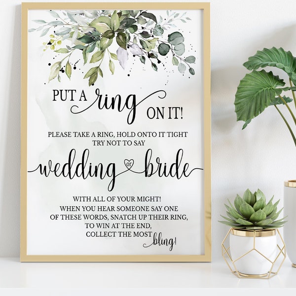 Put a ring on it bridal shower game, don't say bride or wedding game, greenery eucalyptus couples shower Ready to Print No Editable 28-GW110