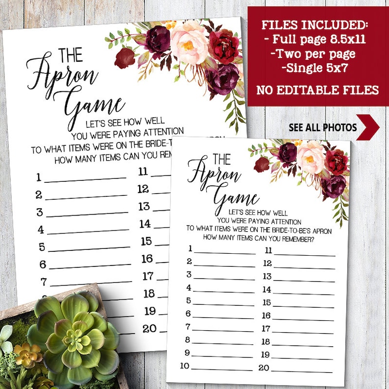 The Apron Game Bridal Shower Memory Game Marsala Boho Chic Etsy