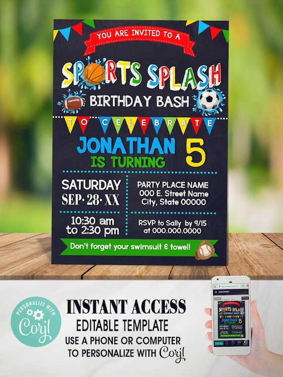 Sports Splash Backyard Water Bash Birthday Invitation Summer Etsy