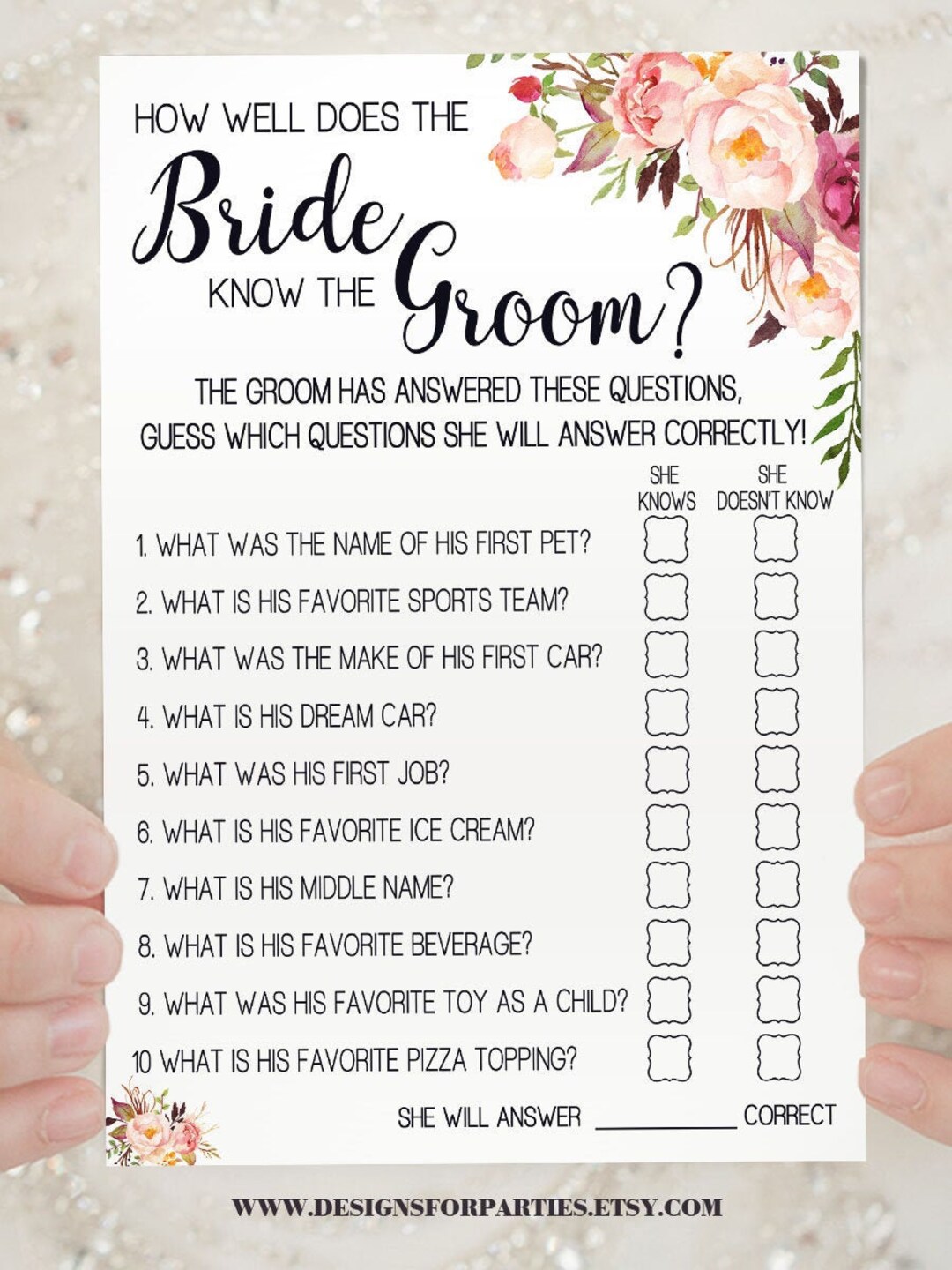 How Well Does the Bride Know the Groom Bridal Shower Game Pink Boho ...