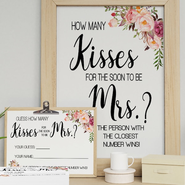 How many kisses for the soon to be Mrs, bridal shower game guess how many kisses pink flowers boho chic Ready to Print No Editable 27-GW103