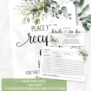 May include: A printable recipe card template for a bridal shower. The card features a watercolor design with green leaves and the text "Place your recipe for the bride to be".
