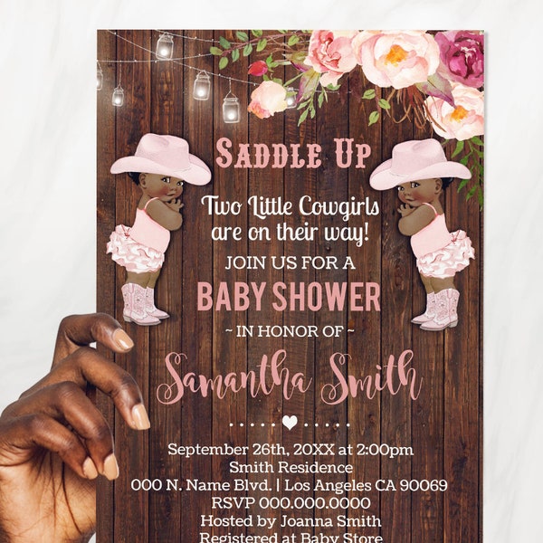 Twin Little Cowgirls are on the way Baby Shower Baby African American Girls Pink Floral Western Invitation You edit with Corjl B821-103 155